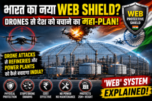 India Web Shield Explained showing India's new anti-drone protection system safeguarding oil refineries and power plants from drone swarm attacks