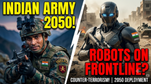 A futuristic AI-powered humanoid combat robot equipped with advanced weaponry and an Indian flag emblem on its shoulder armor, representing the Indian Army's future warfare tech.